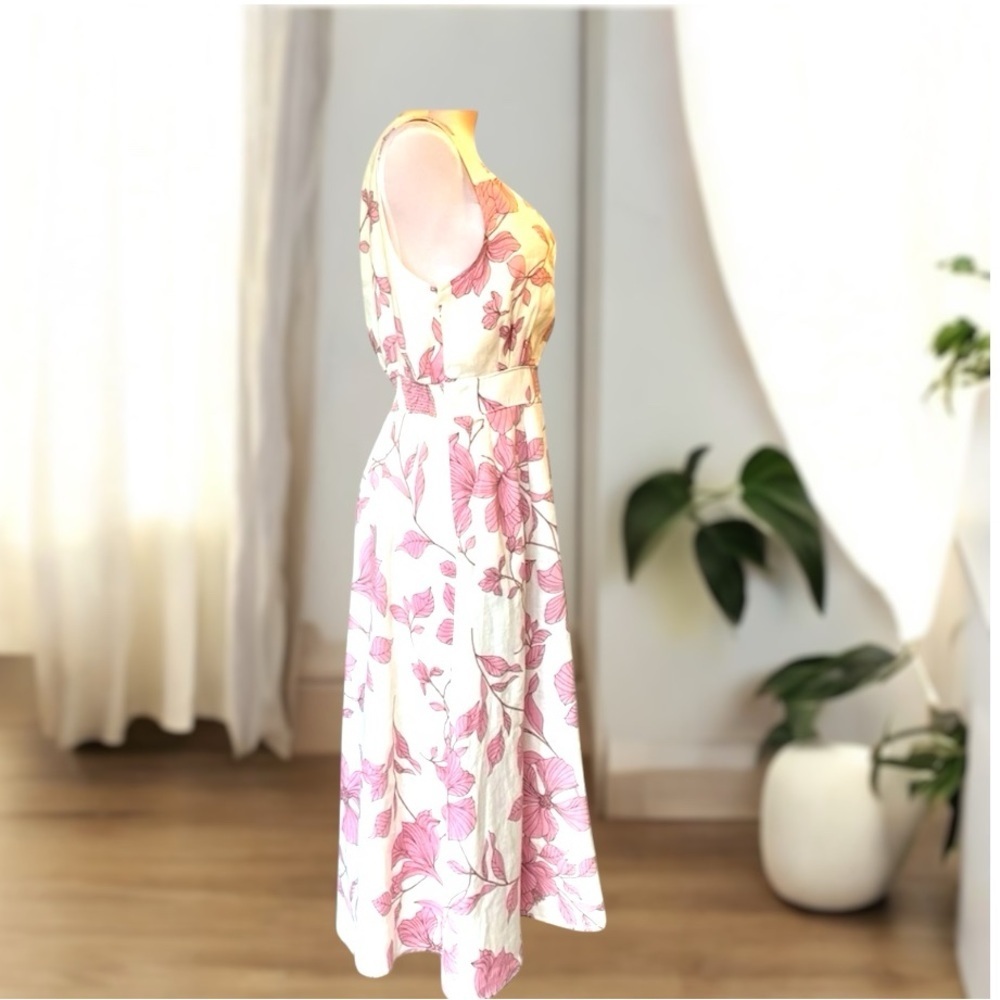 Cynthia Rowley 100% Linen Floral Midi Dress Pink Tan A-Line Size 6 Pockets - Picture 2 of 5